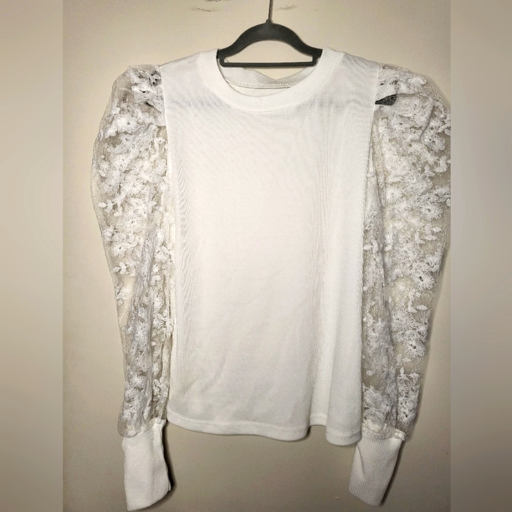 White Sheer Floral Puff Sleeve Shirt